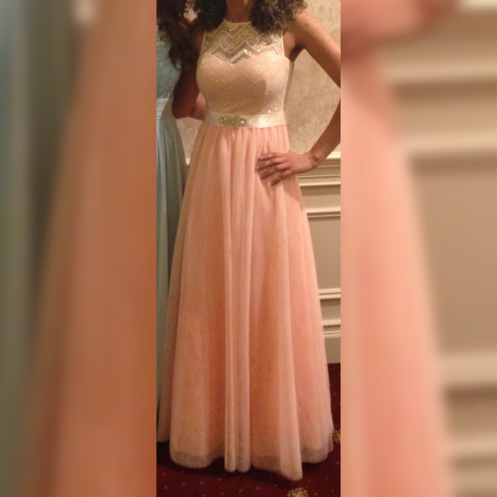 Formal Long Prom Maxi, Peach, Lace Top Dress